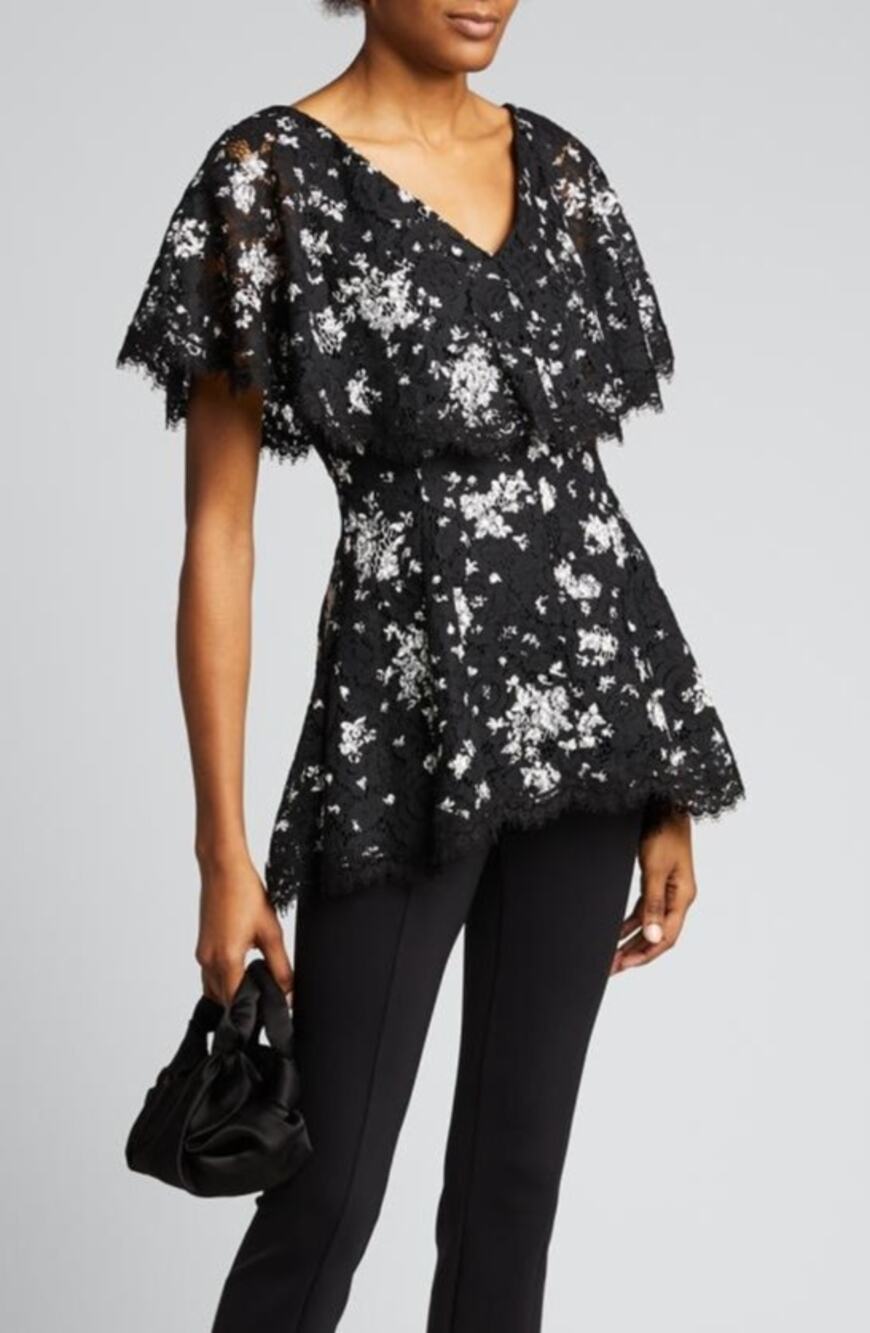 LELA ROSE Floral Printed Corded Lace Capelet Top Size M